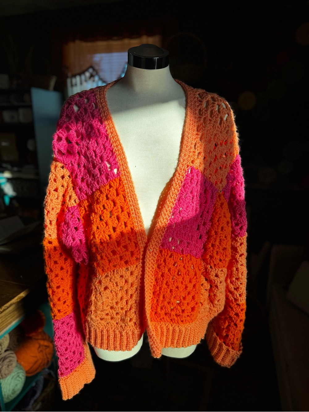 Crochet Patchwork Open-Front Women’s Sweater Cardigan - Pink & Orange